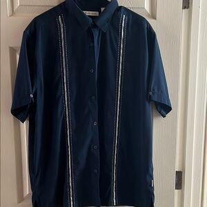 Men's Cubavera Navy Blue Short Sleeve Shirt with tan stripes